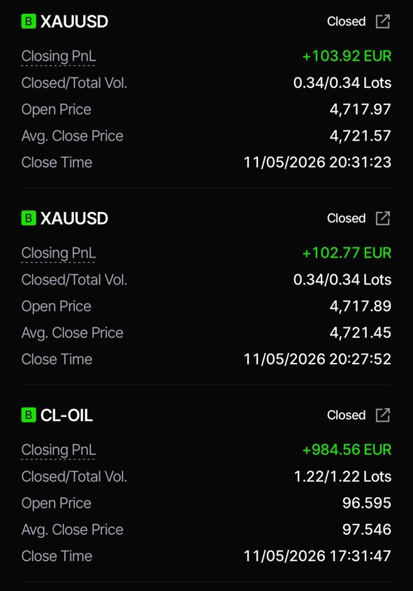 Trade screenshot 7 showing two XAUUSD positions and one CL-OIL position
