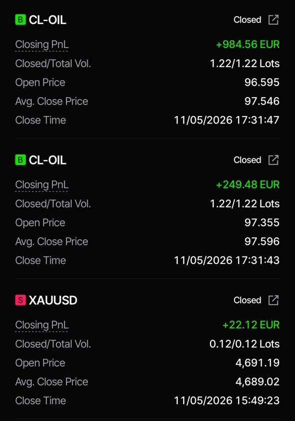 Trade screenshot 8 showing two CL-OIL positions and one XAUUSD position
